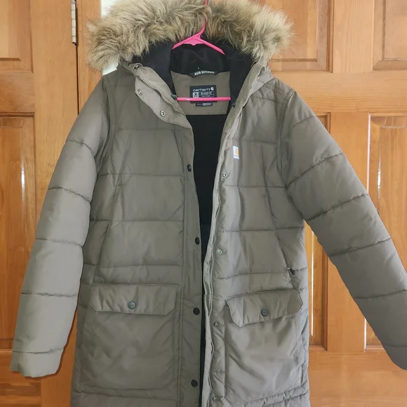 Carhartt Olive Puffer Jacket with Detachable Faux Fur Hood - Picture 1 of 2